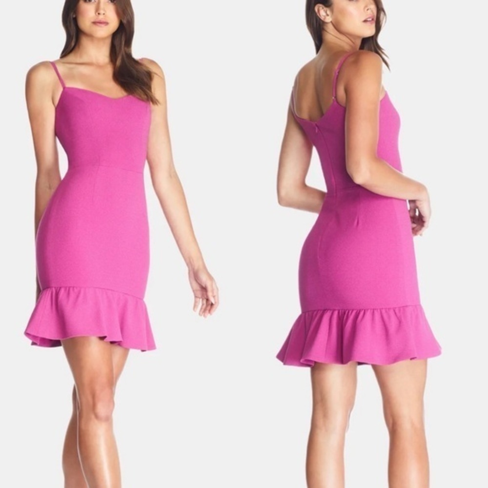Dress the Population Mira Pink Mini Dress Size Large Hibiscus Ruffle Hem Bodycon